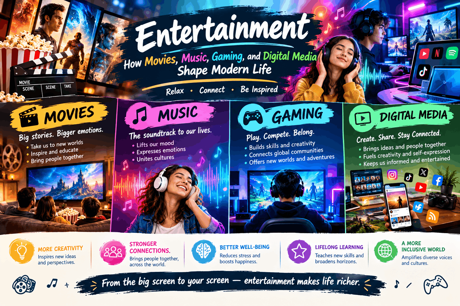 Entertainment: How Movies, Music, Gaming, and Digital Media Shape Modern Life